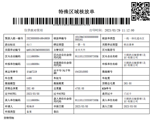 重车出区核放单(样例)